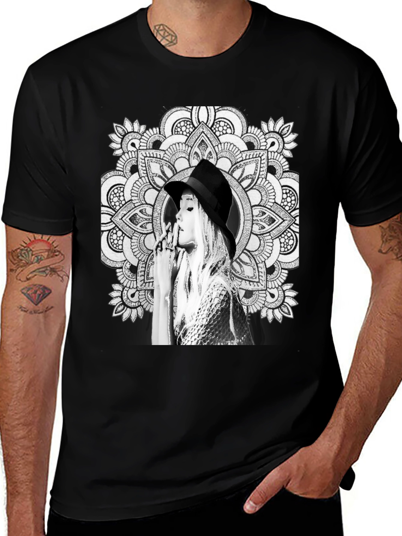 Black Graphic Tee - Mandala Art Woman Portrait