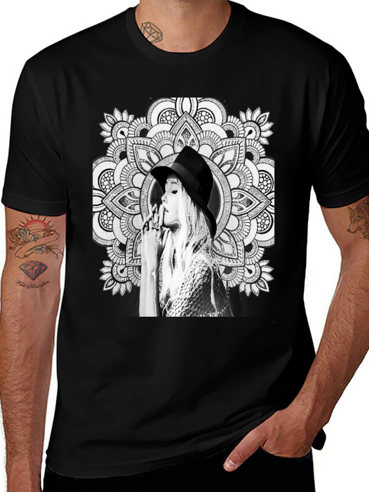 Black Graphic Tee - Mandala Art Woman Portrait