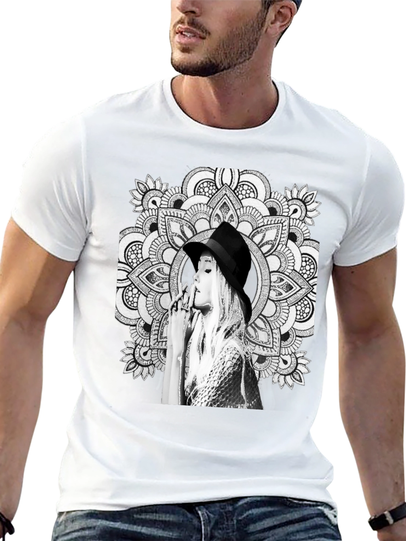 Black Graphic Tee - Mandala Art Woman Portrait