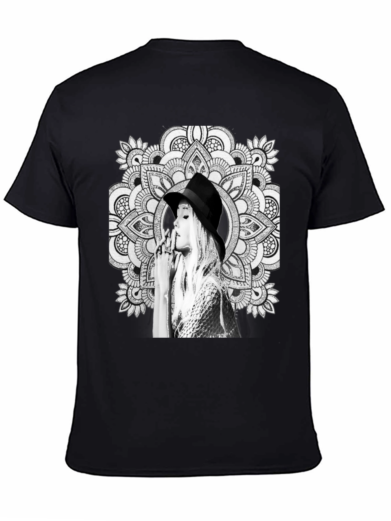 Black Graphic Tee - Mandala Art Woman Portrait