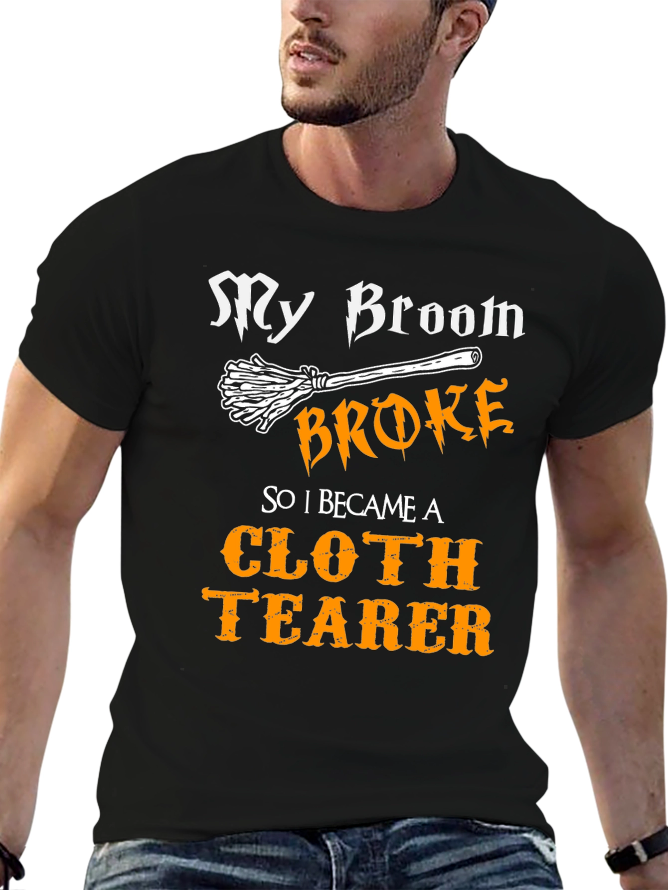 Funny Cloth Tearer T-Shirt - Halloween Witch Broom Tee
