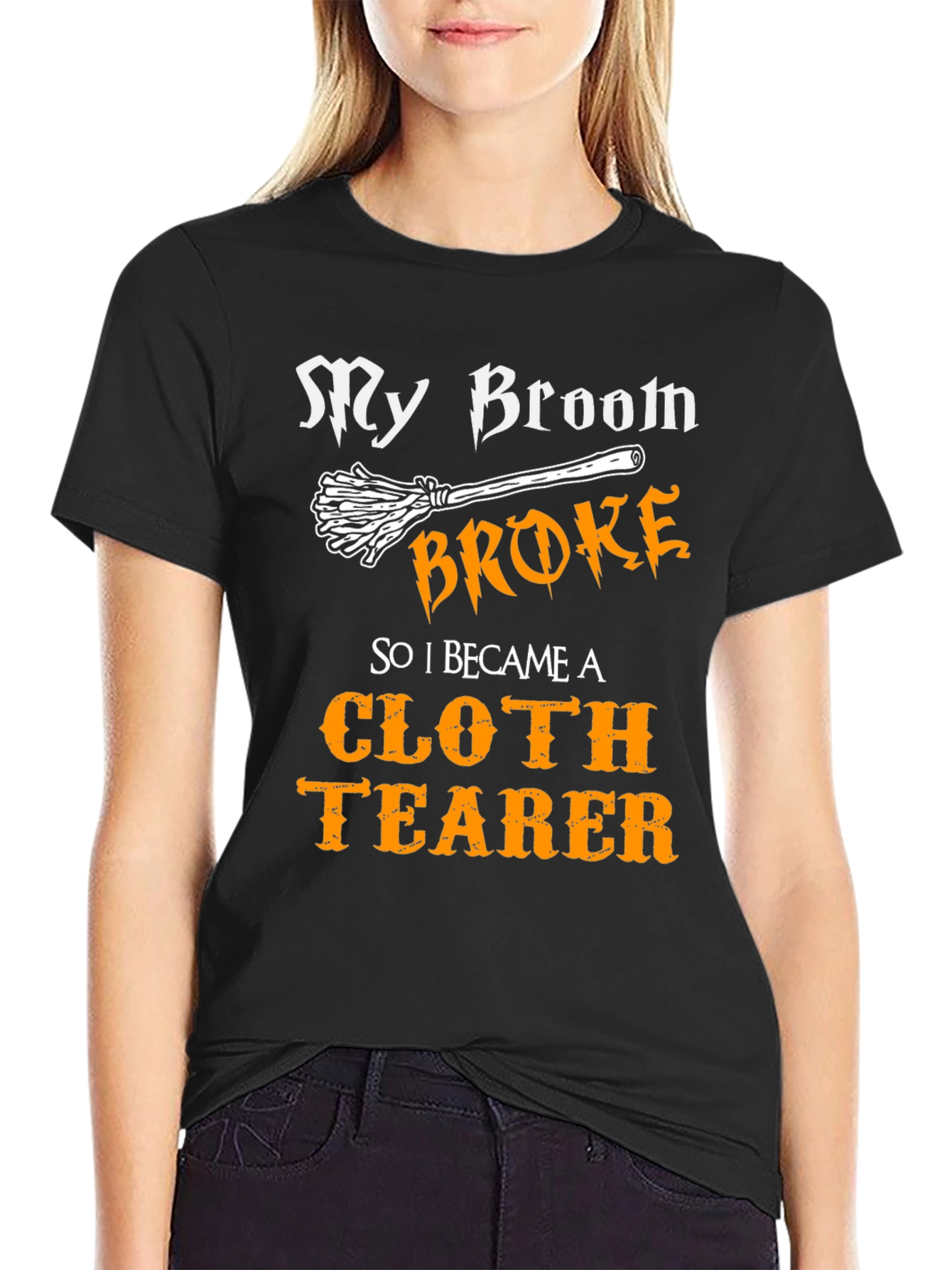Funny Cloth Tearer T-Shirt - Halloween Witch Broom Tee