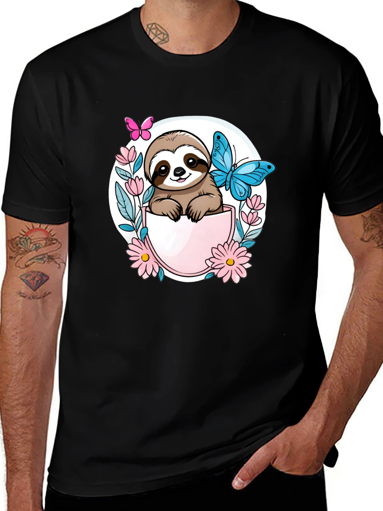 Cute Sloth Butterfly Flower Graphic Tee