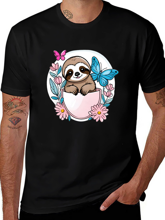 Cute Sloth Butterfly Flower Graphic Tee