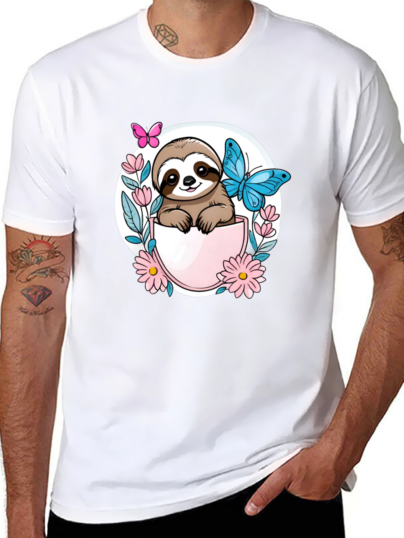 Cute Sloth Butterfly Flower Graphic Tee