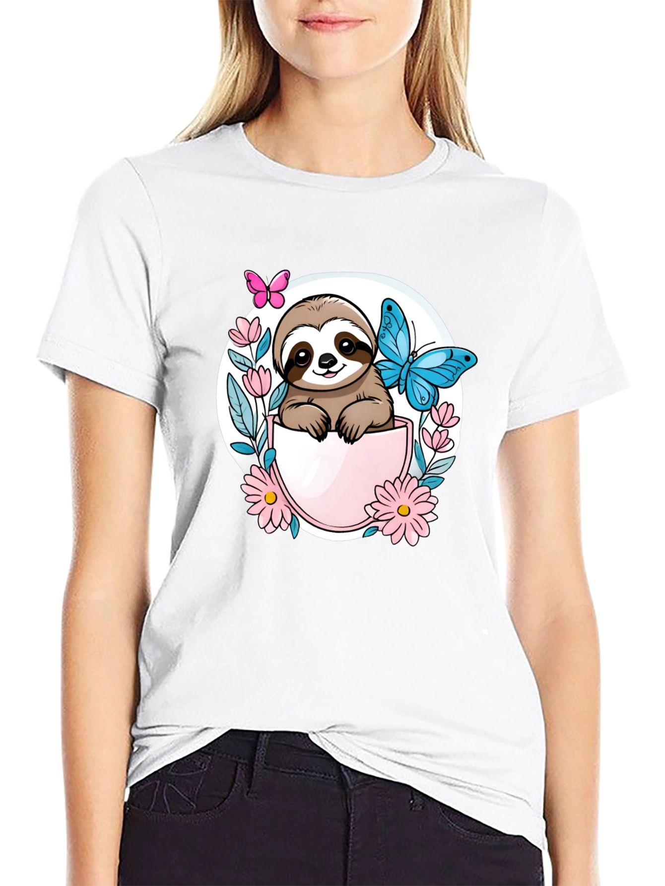 Cute Sloth Butterfly Flower Graphic Tee