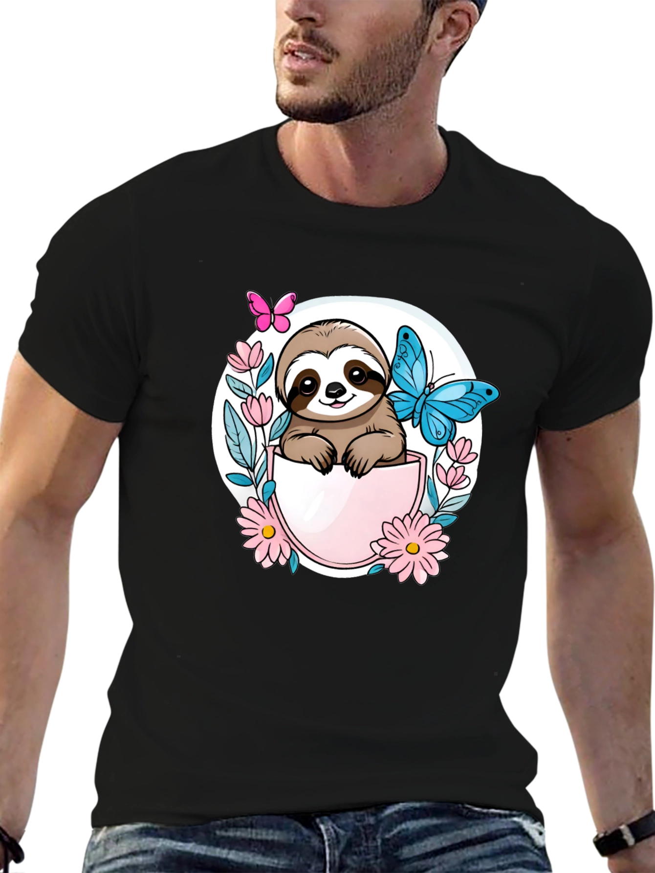 Cute Sloth Butterfly Flower Graphic Tee
