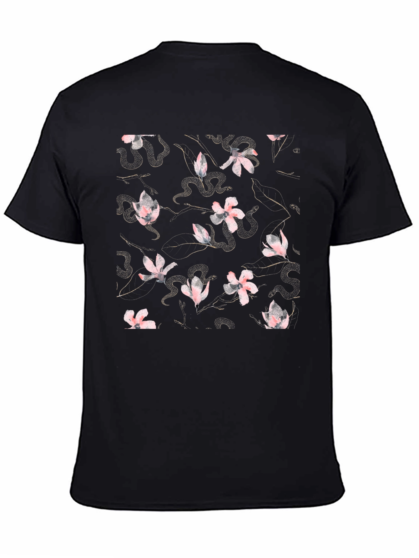Black Floral Snake Print Crew Neck T-Shirt