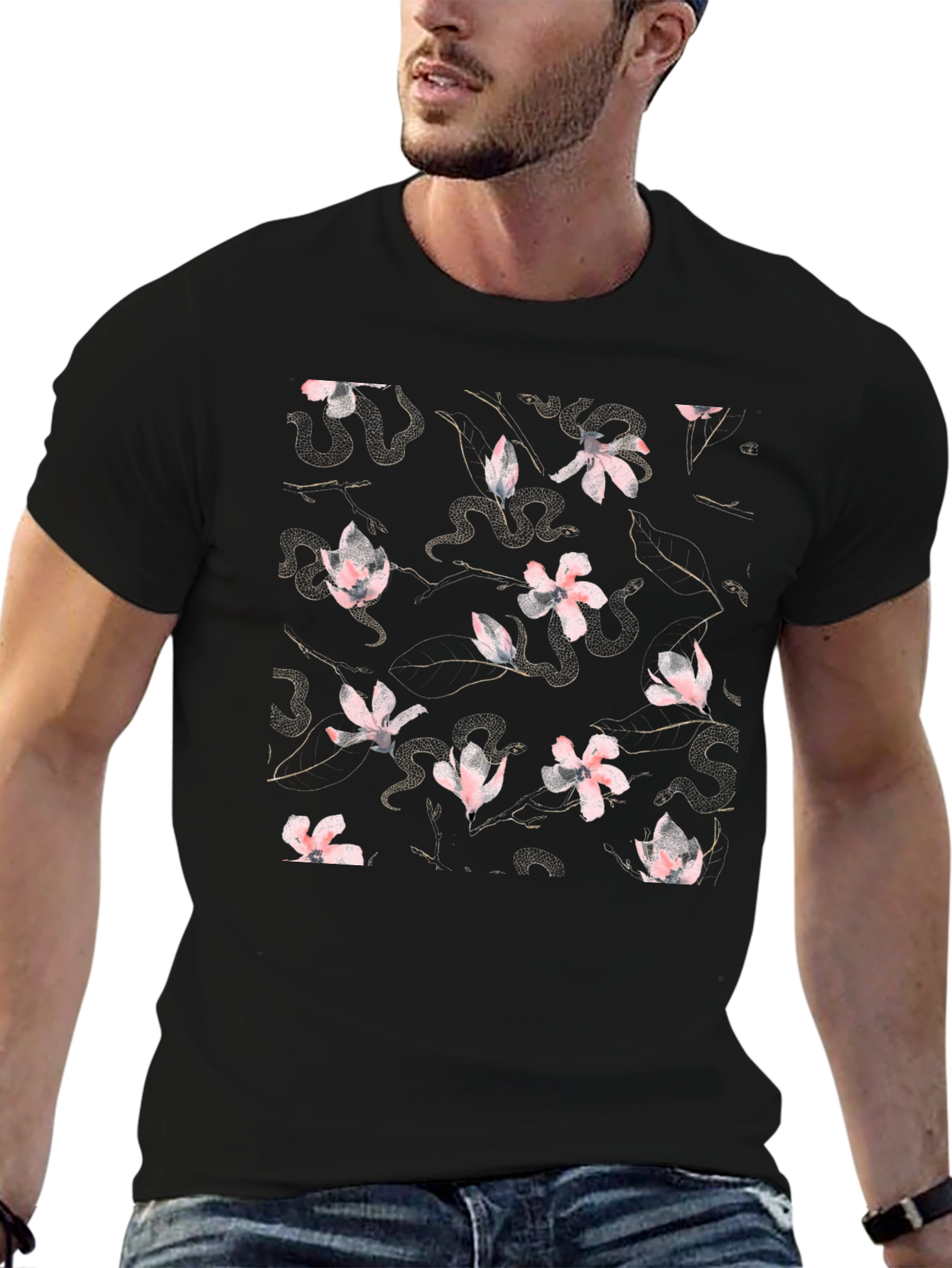 Black Floral Snake Print Crew Neck T-Shirt