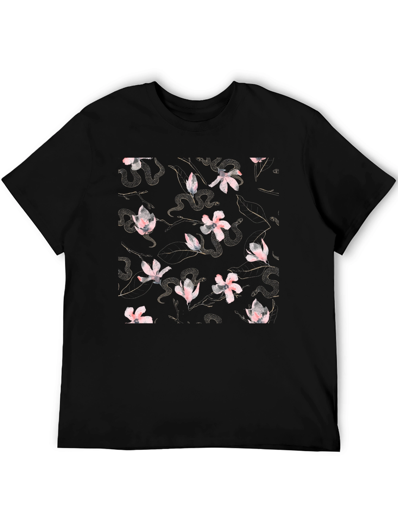 Black Floral Snake Print Crew Neck T-Shirt