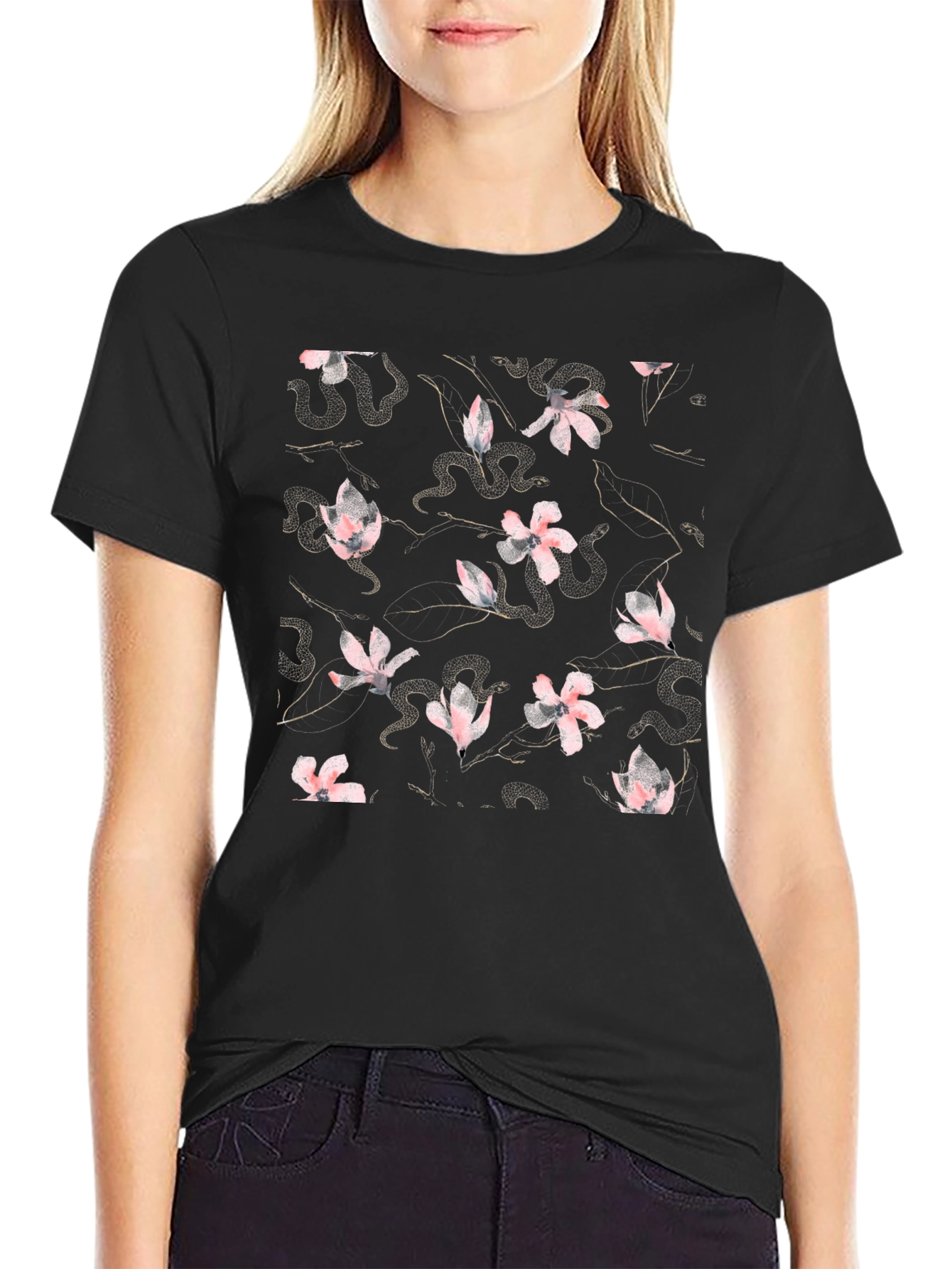 Black Floral Snake Print Crew Neck T-Shirt