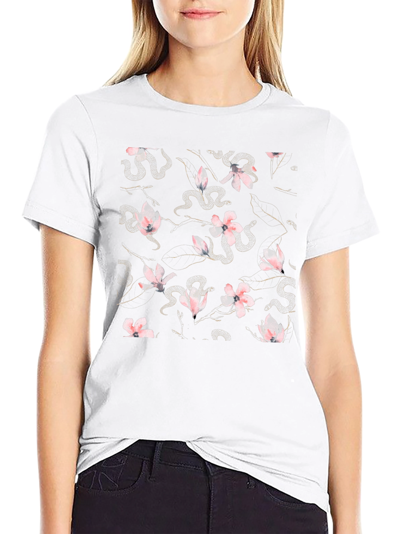 Black Floral Snake Print Crew Neck T-Shirt