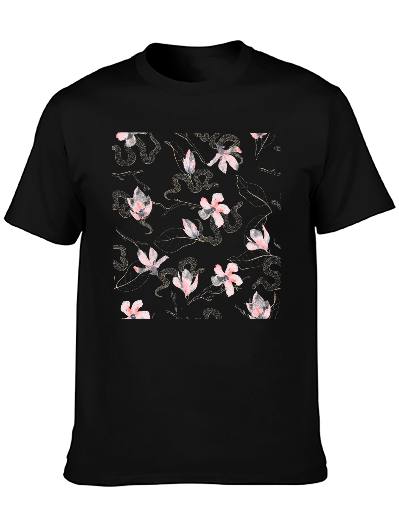 Black Floral Snake Print Crew Neck T-Shirt
