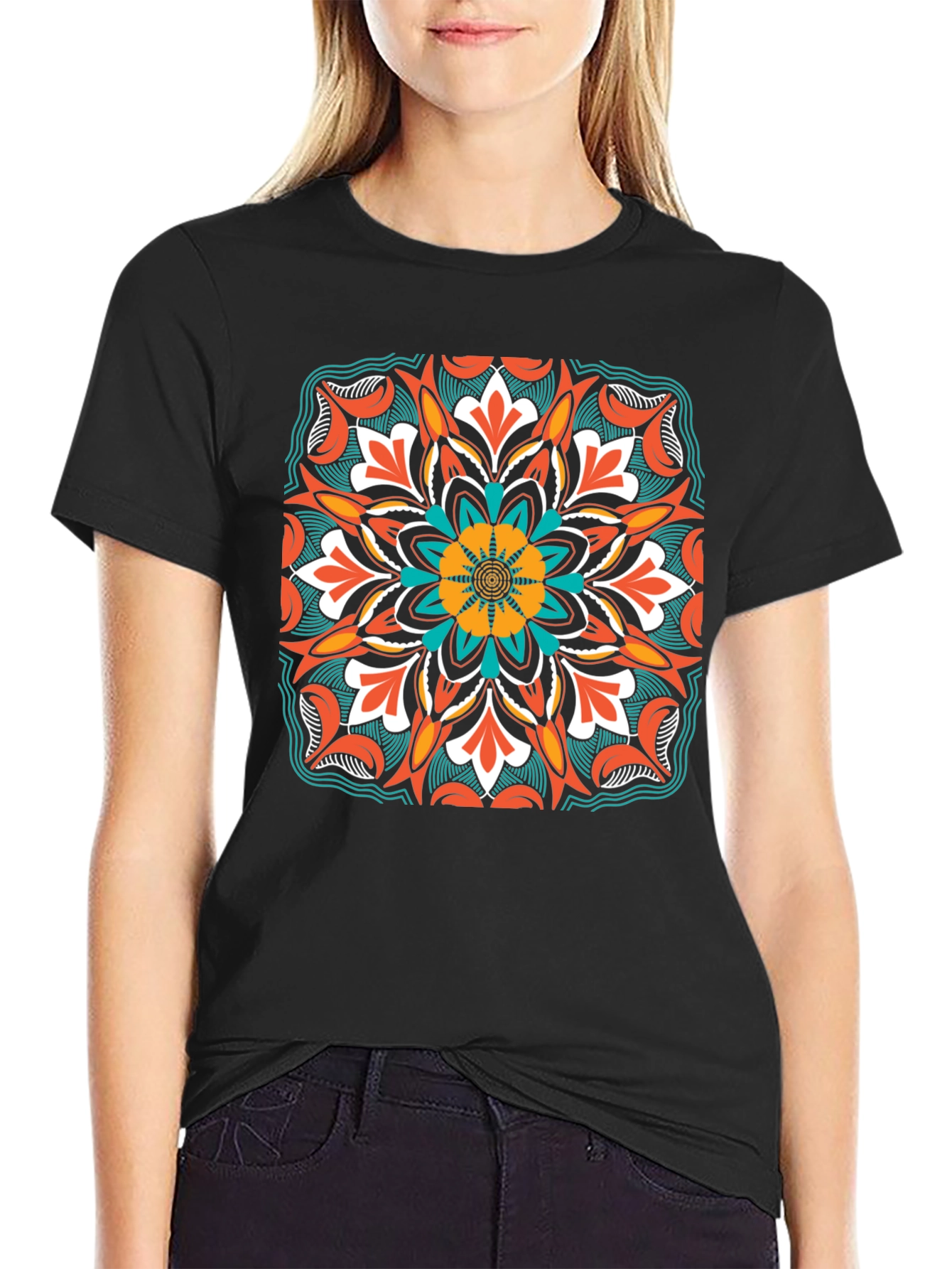 Geometric Mandala Design Black T-Shirt