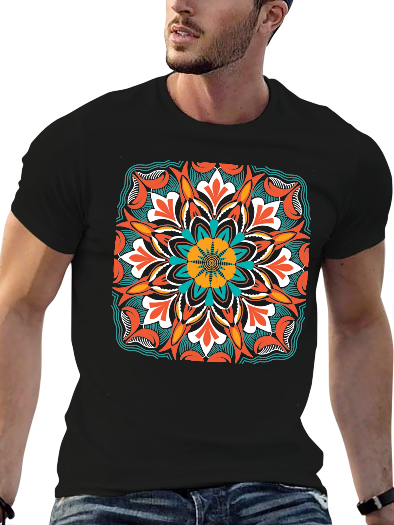 Geometric Mandala Design Black T-Shirt