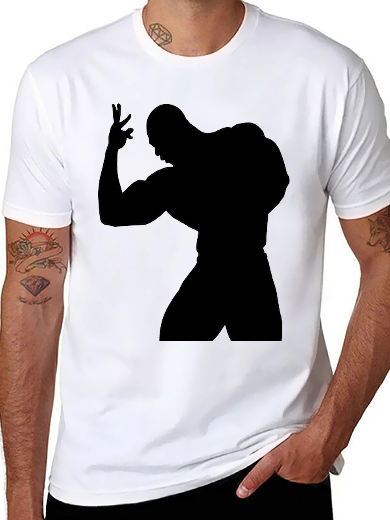 Black T-Shirt with Bodybuilder Silhouette Graphic