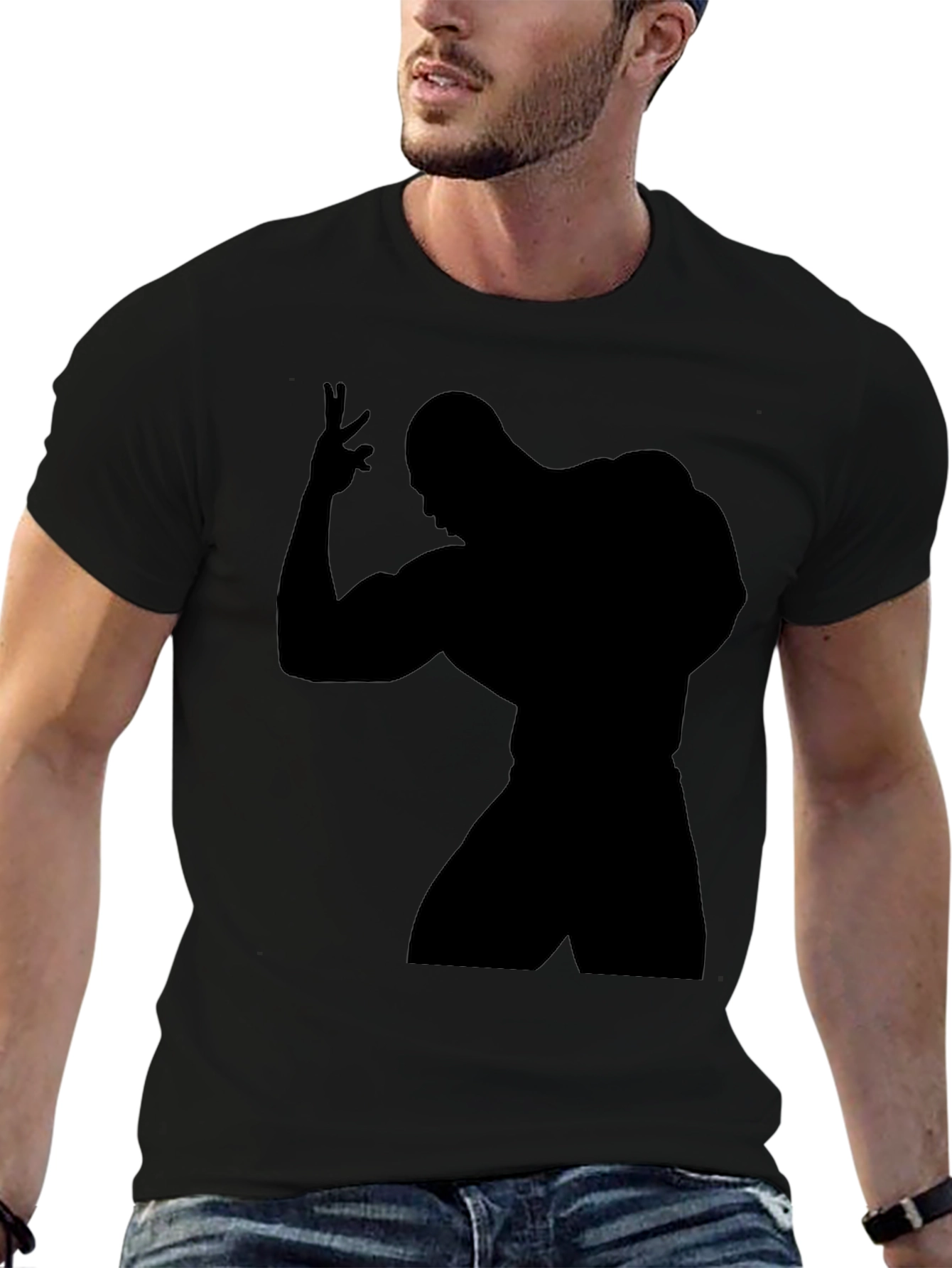 Black T-Shirt with Bodybuilder Silhouette Graphic
