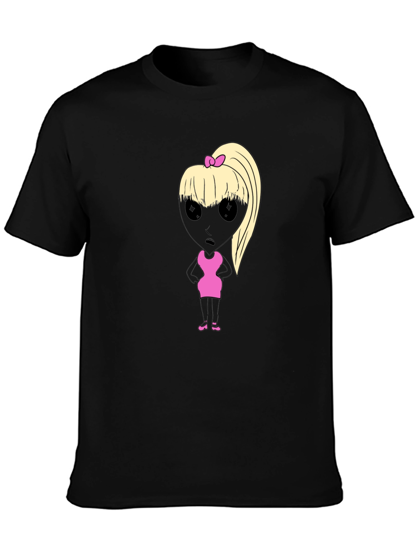 Black T-Shirt with Cartoon Alien Girl