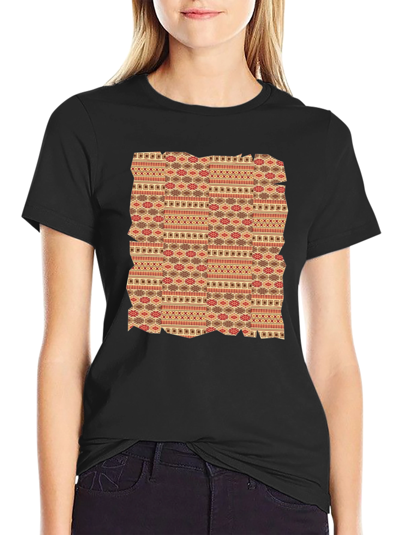 Tribal Pattern Graphic Tee - Black Crew Neck