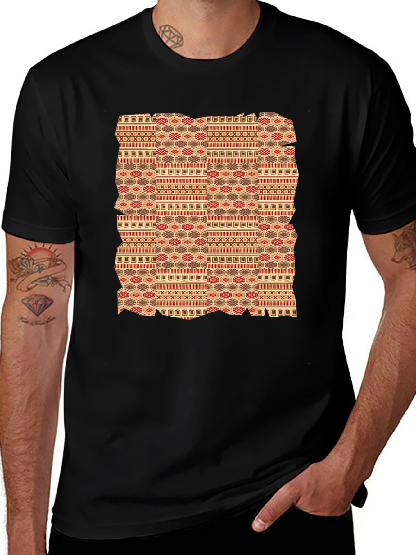 Tribal Pattern Graphic Tee - Black Crew Neck