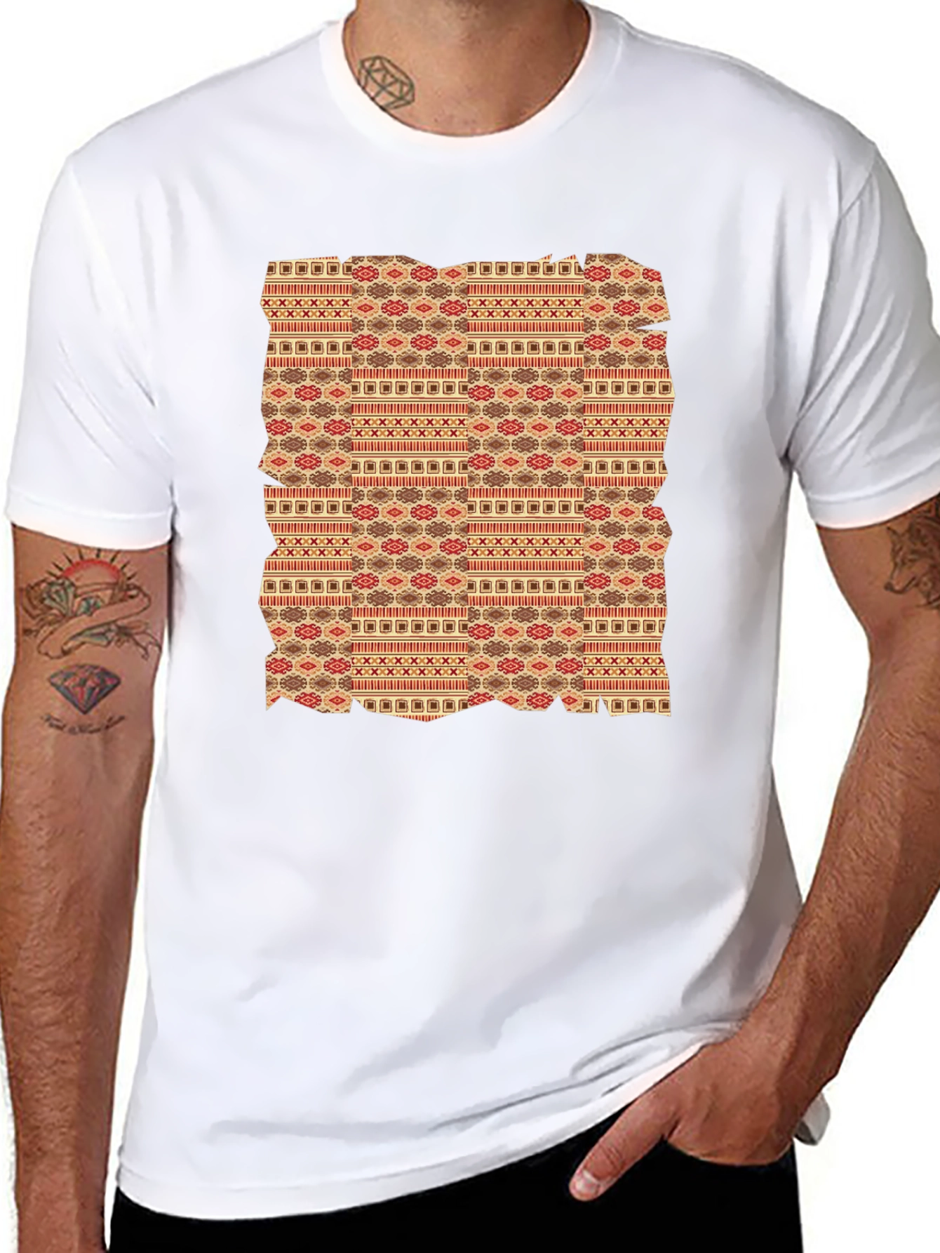 Tribal Pattern Graphic Tee - Black Crew Neck