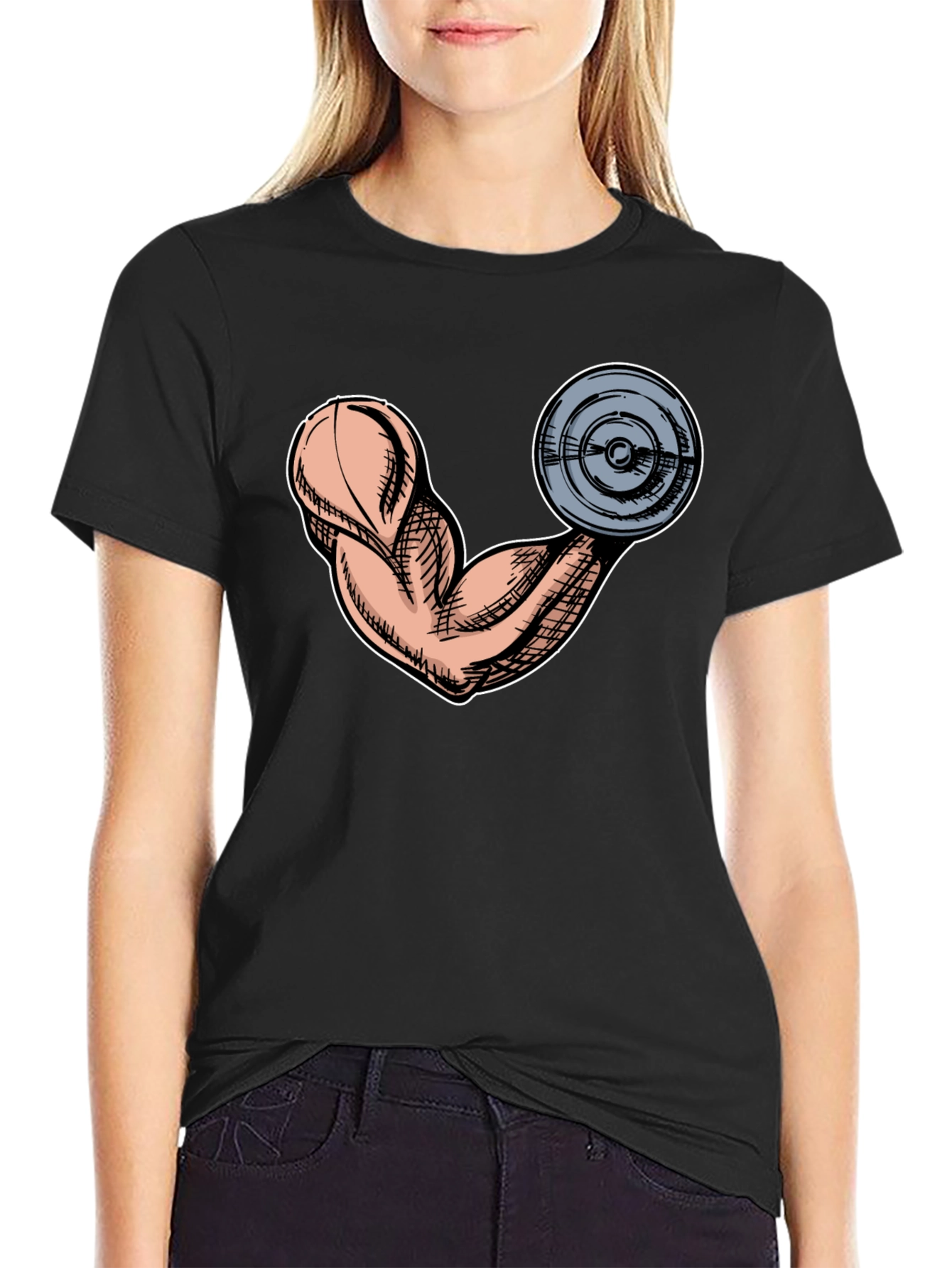 Funny Muscle Arm & Weight Black Graphic Tee