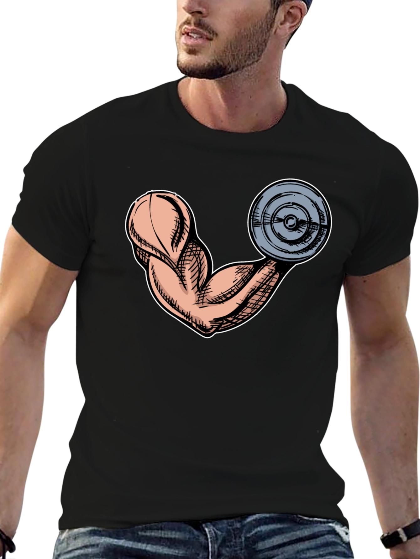 Funny Muscle Arm & Weight Black Graphic Tee