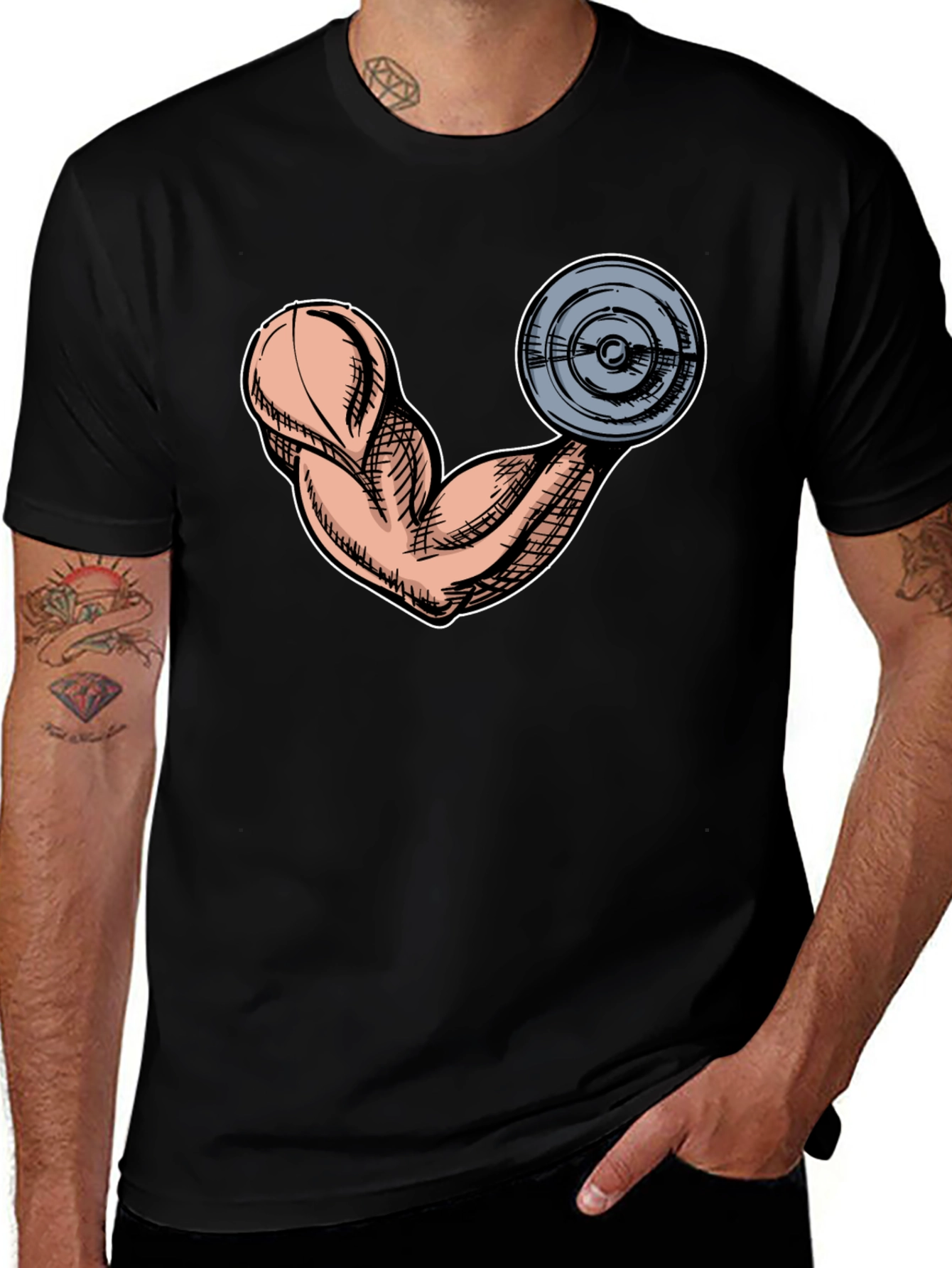 Funny Muscle Arm & Weight Black Graphic Tee