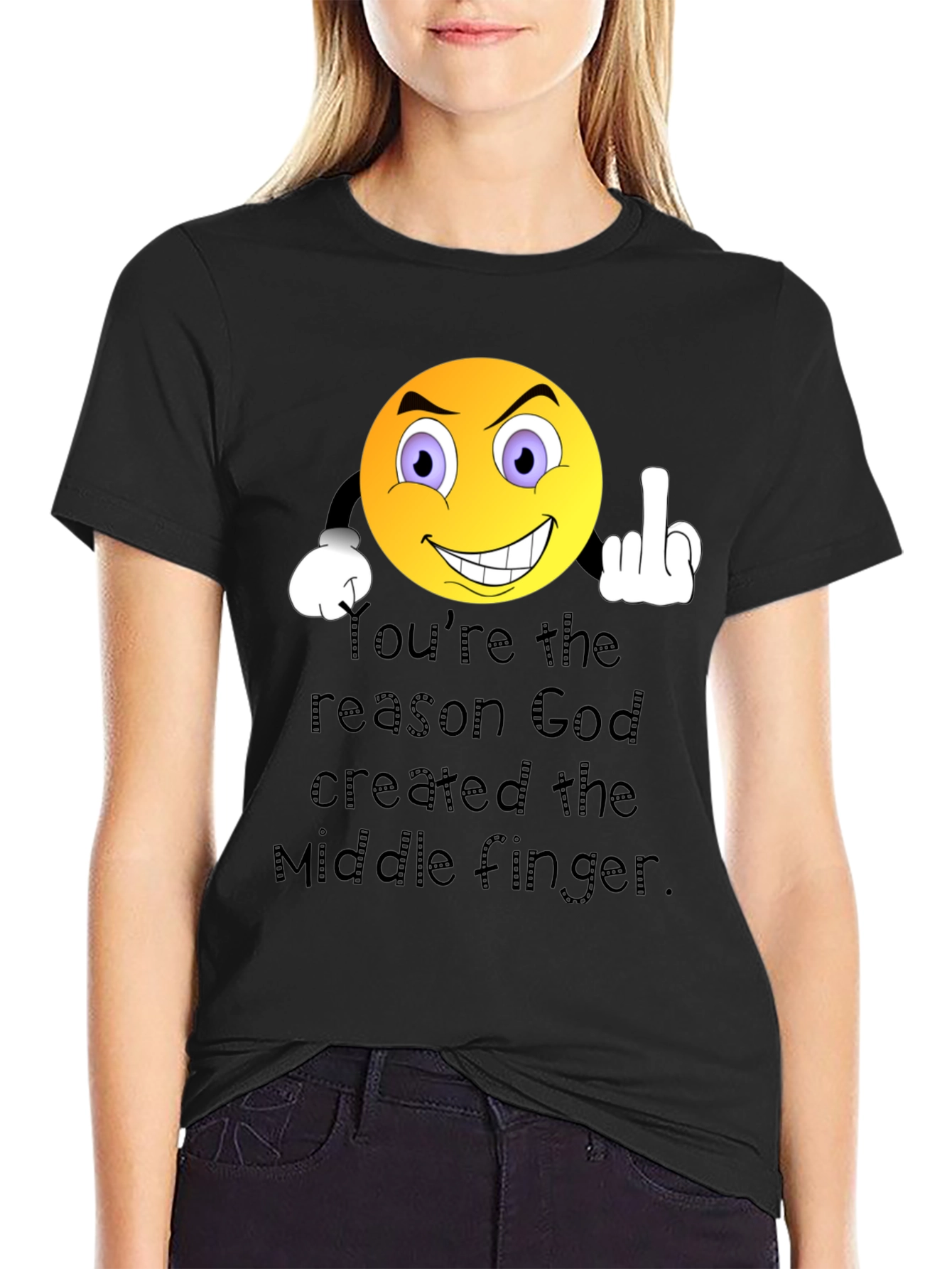 Humorous Graphic T-Shirt: Middle Finger Emoji Design