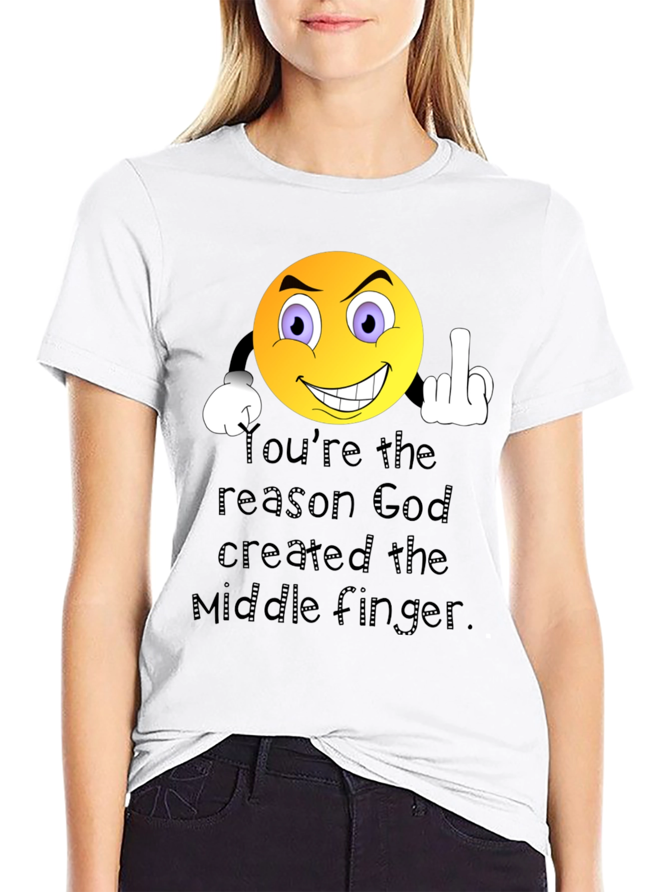 Humorous Graphic T-Shirt: Middle Finger Emoji Design