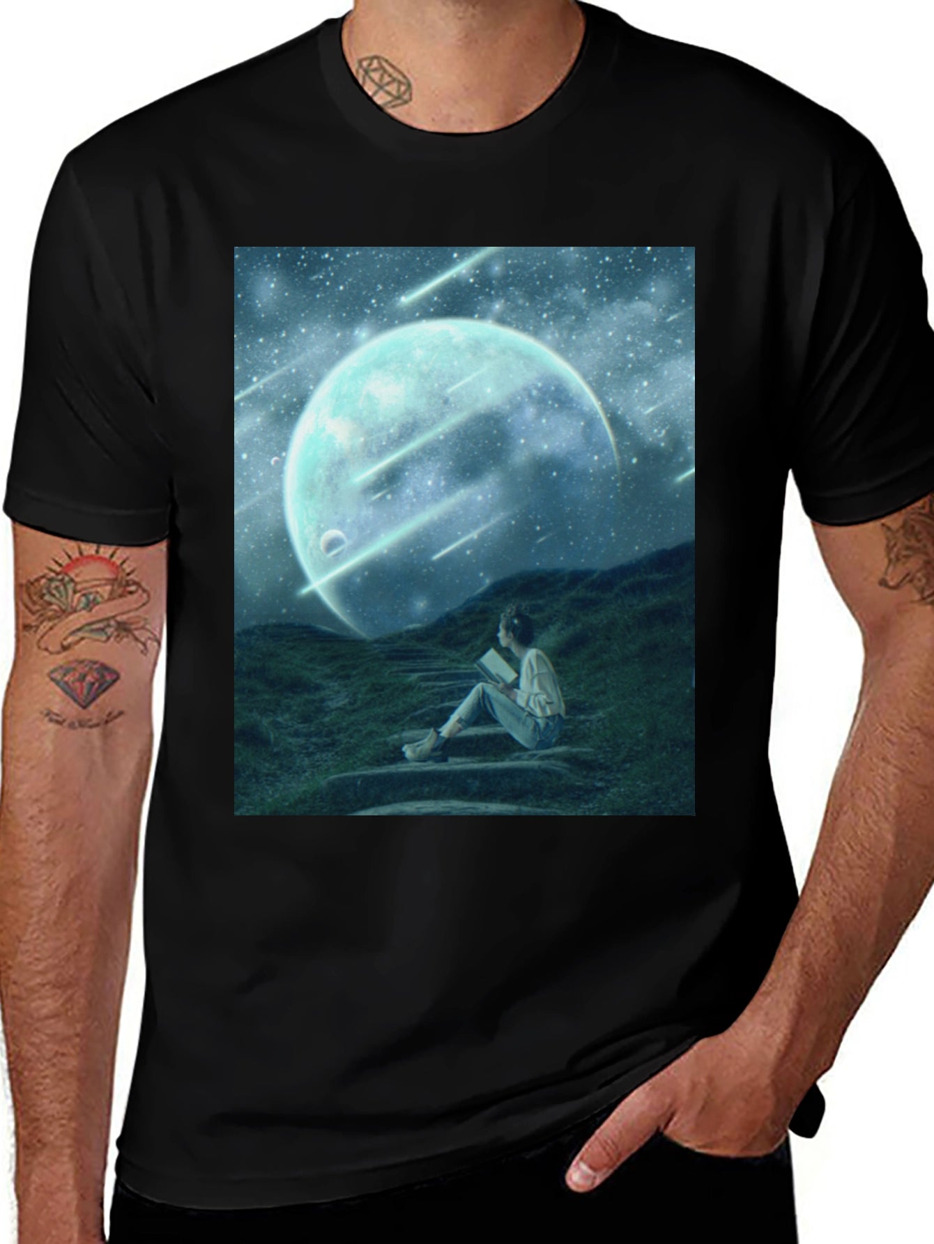 Celestial Dreamscape T-Shirt: Moon Stars Reader