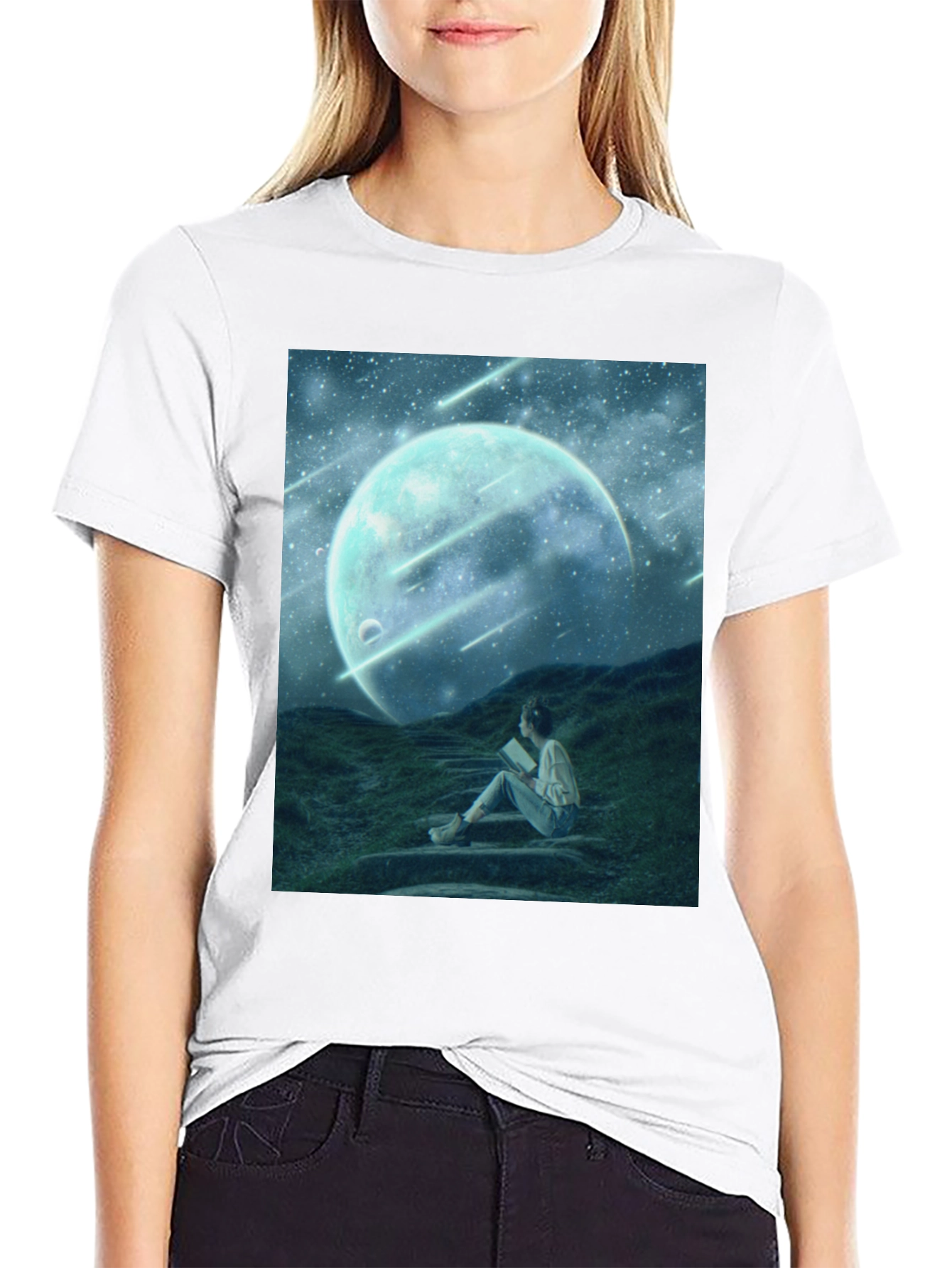 Celestial Dreamscape T-Shirt: Moon Stars Reader