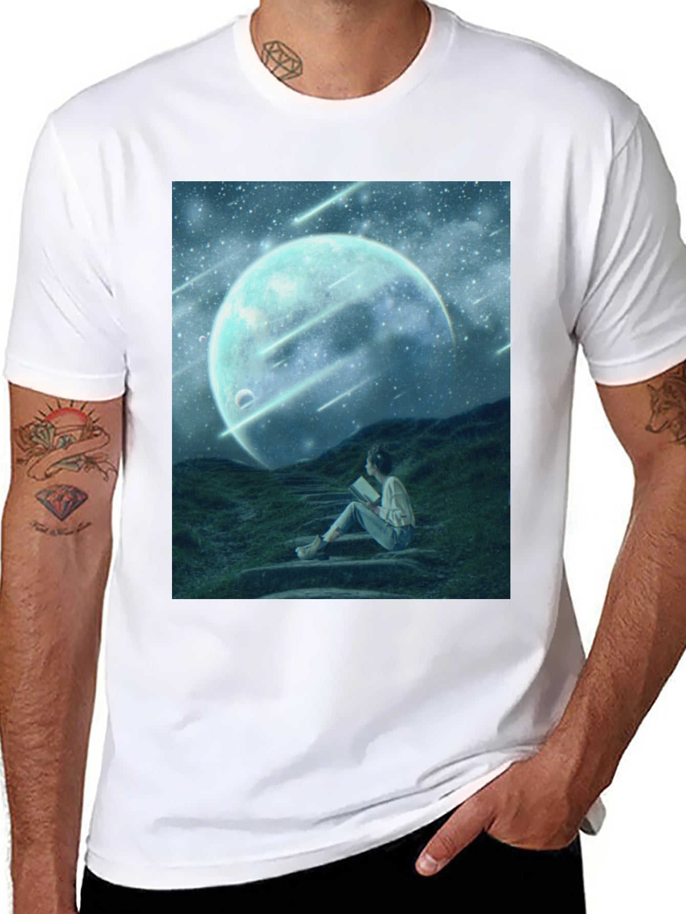 Celestial Dreamscape T-Shirt: Moon Stars Reader
