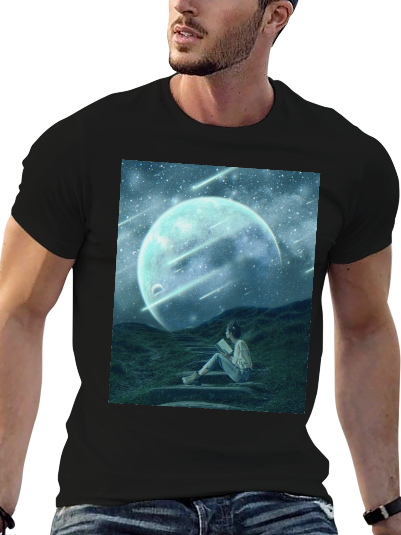 Celestial Dreamscape T-Shirt: Moon Stars Reader