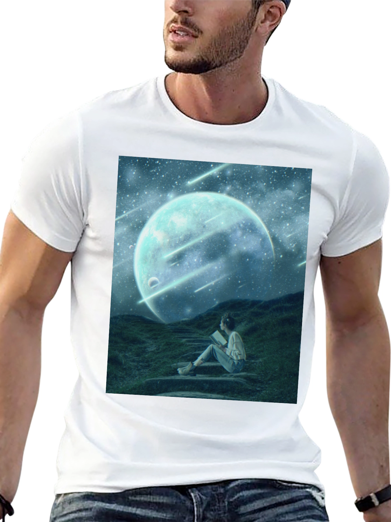 Celestial Dreamscape T-Shirt: Moon Stars Reader