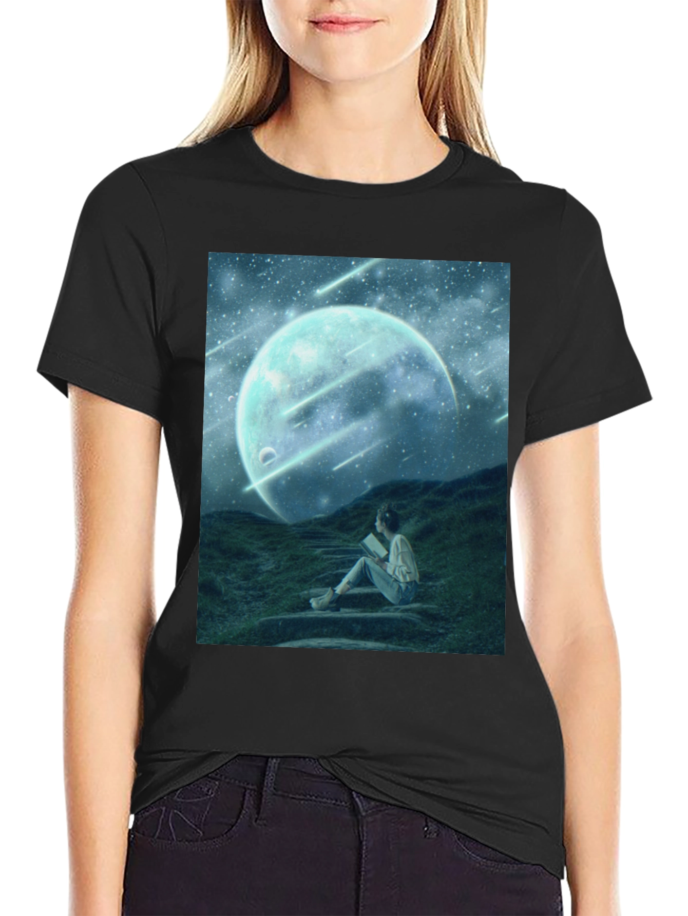 Celestial Dreamscape T-Shirt: Moon Stars Reader