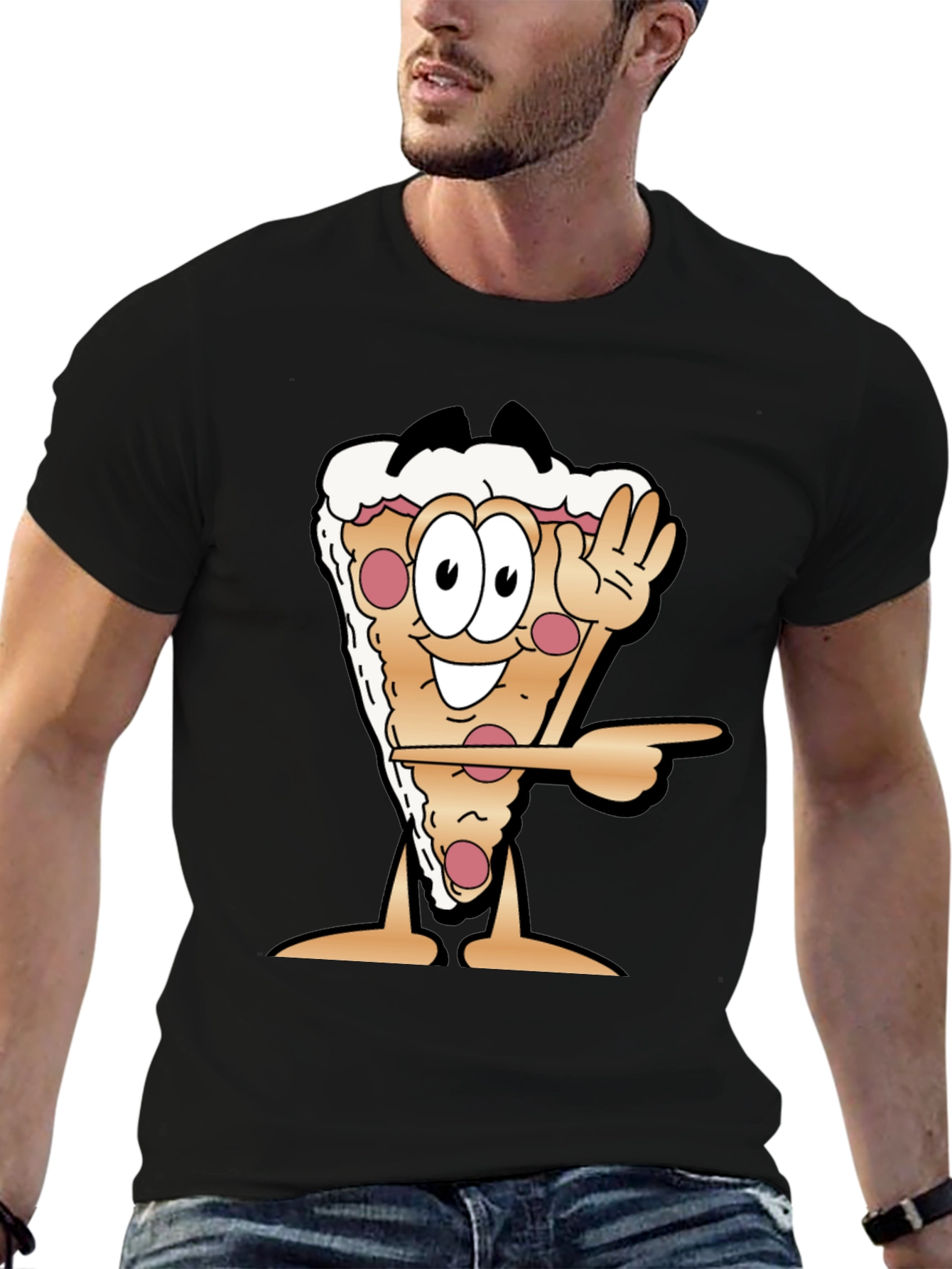 Pizza Slice Cartoon Graphic Black T-Shirt