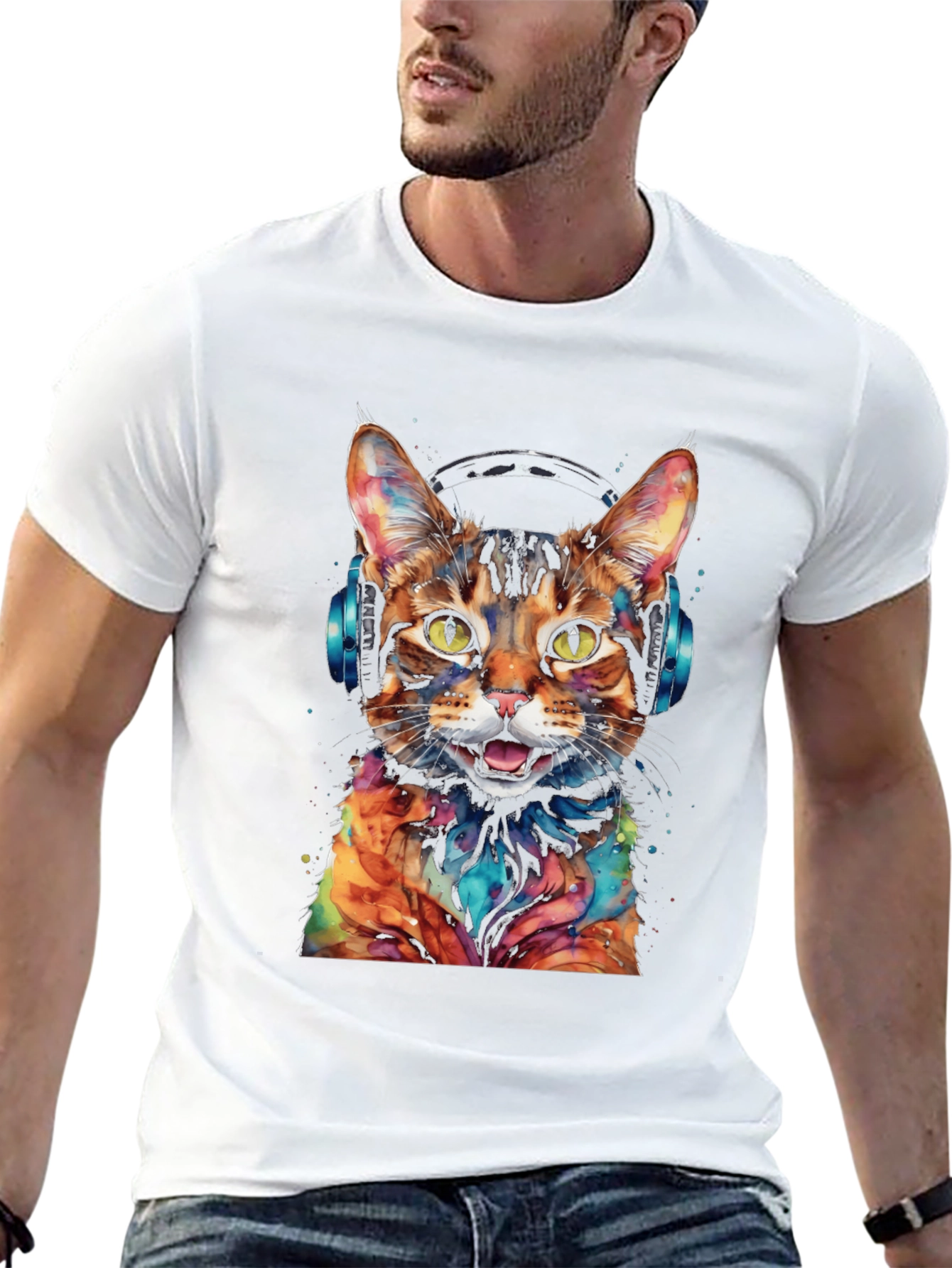 Cool Cat with Headphones Graphic Tee