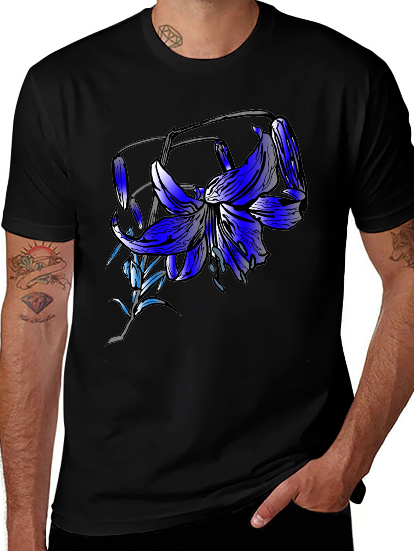 Blue Lily Graphic Tee - Mens Black T-Shirt