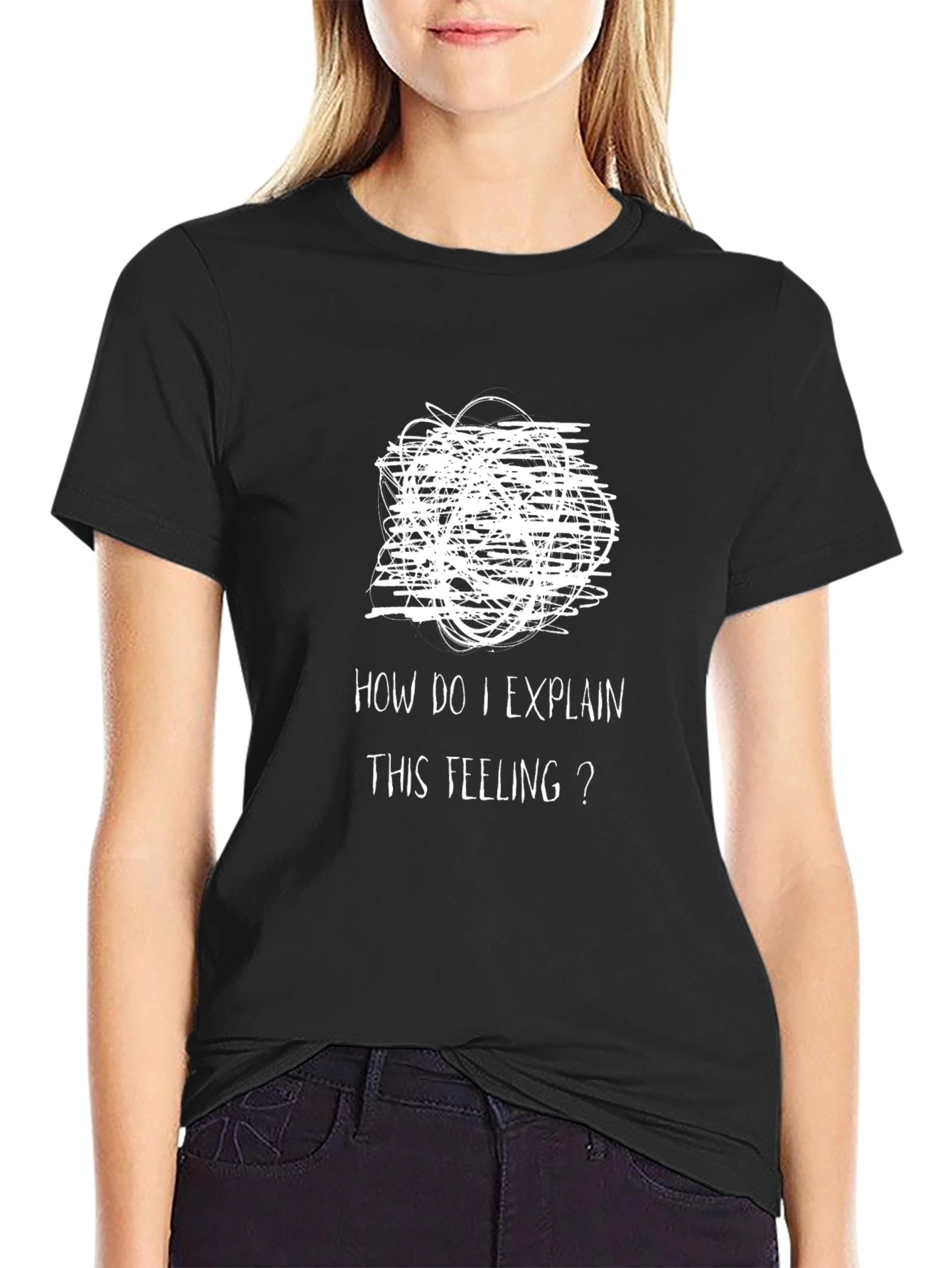 Expressive Mens Black T-Shirt: Confused Feelings Design