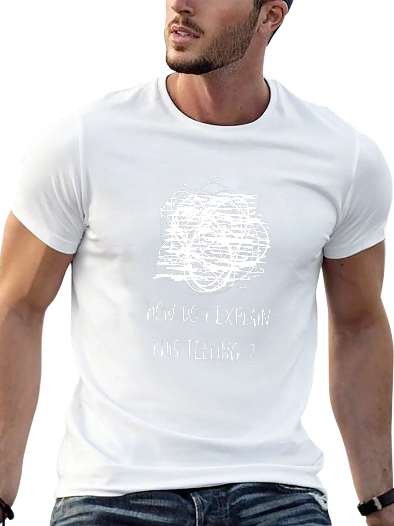 Expressive Mens Black T-Shirt: Confused Feelings Design
