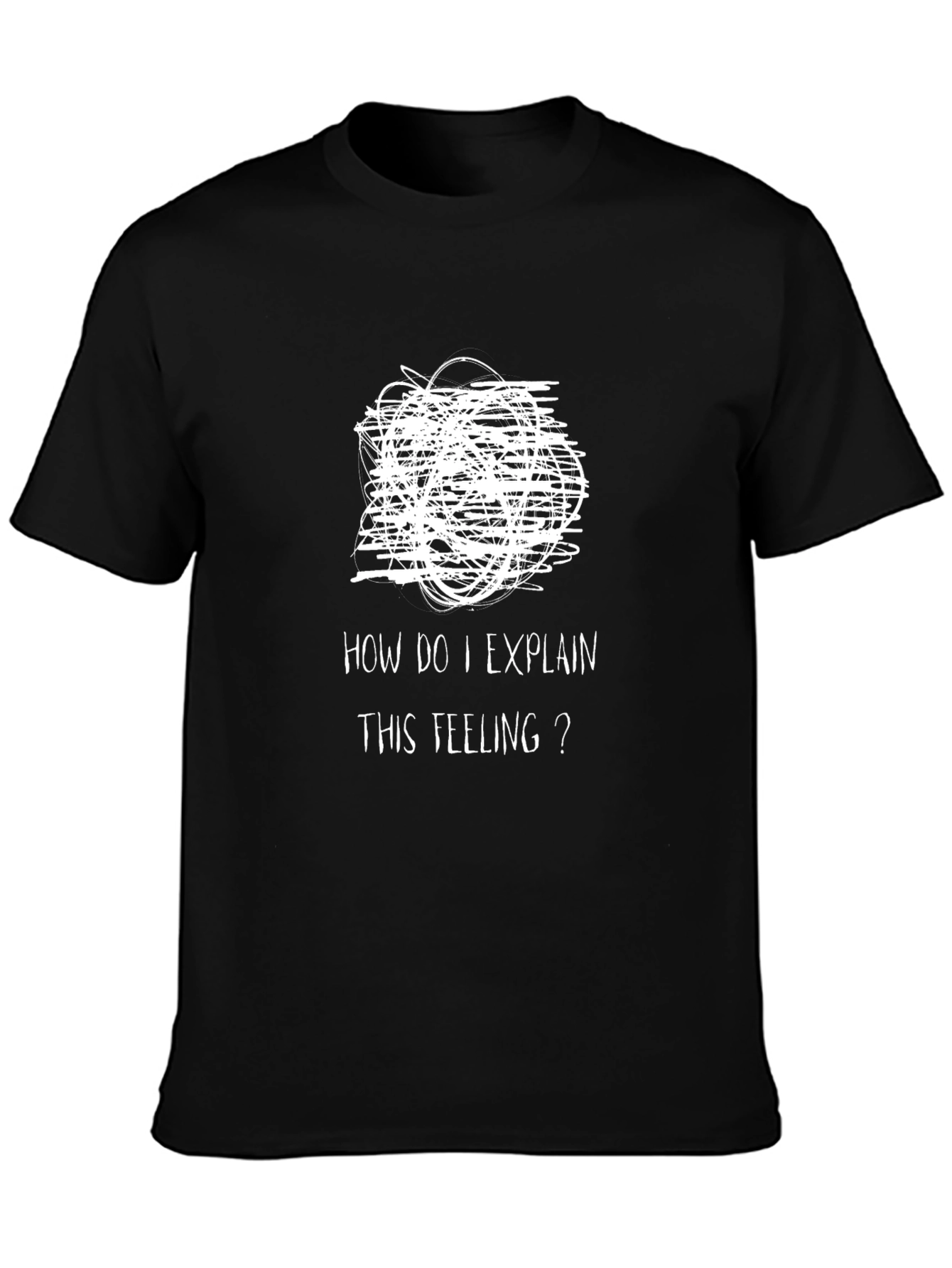 Expressive Mens Black T-Shirt: Confused Feelings Design