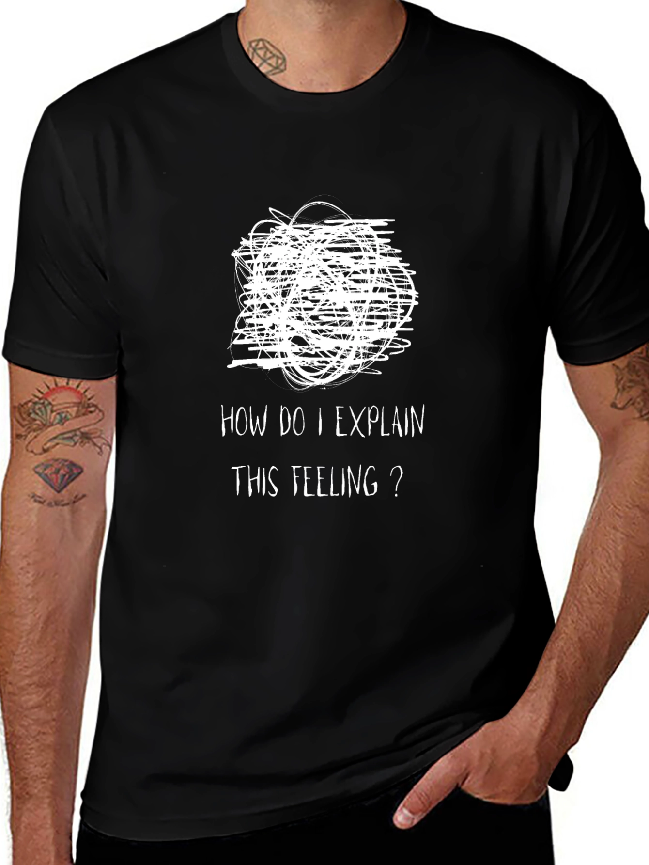 Expressive Mens Black T-Shirt: Confused Feelings Design
