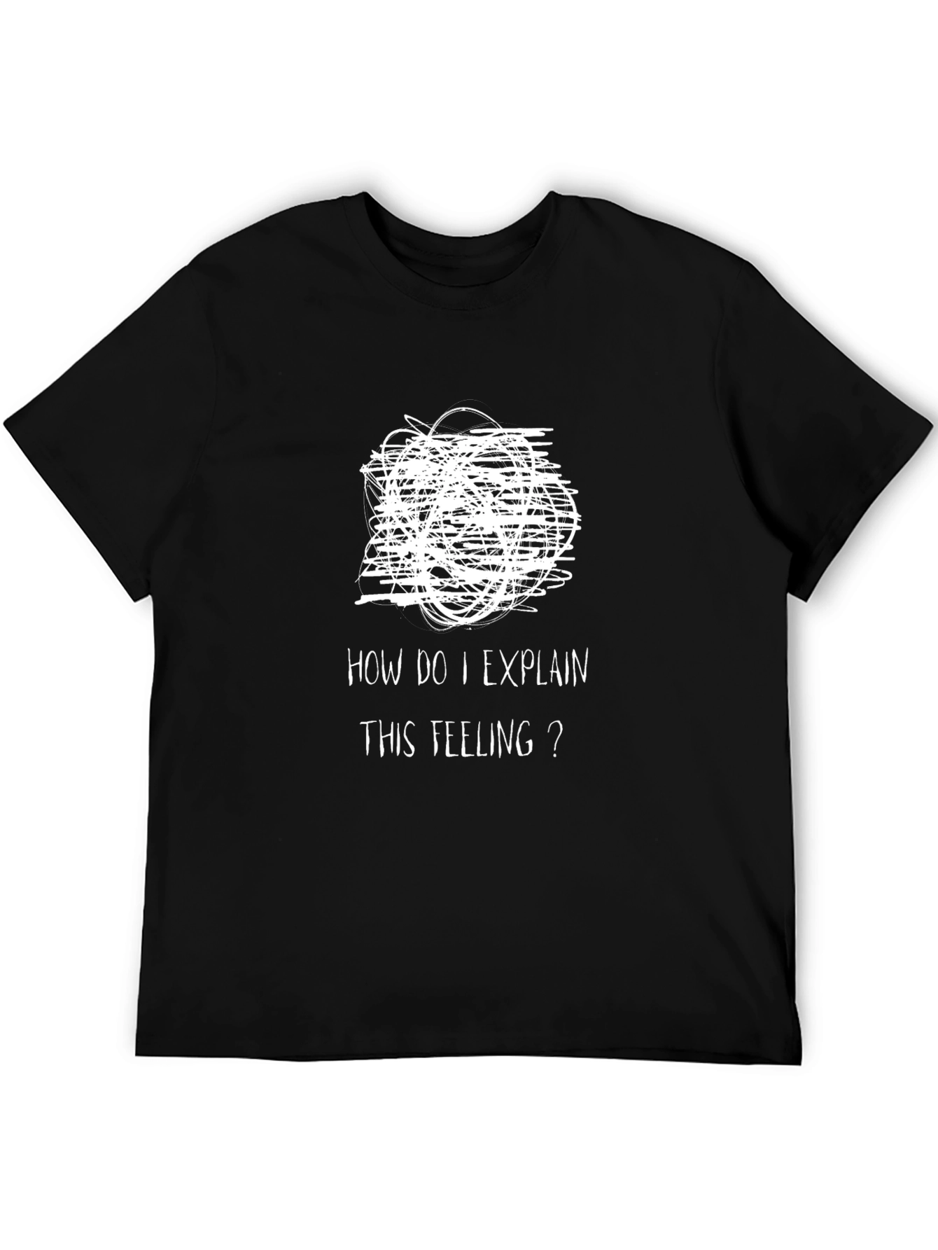 Expressive Mens Black T-Shirt: Confused Feelings Design