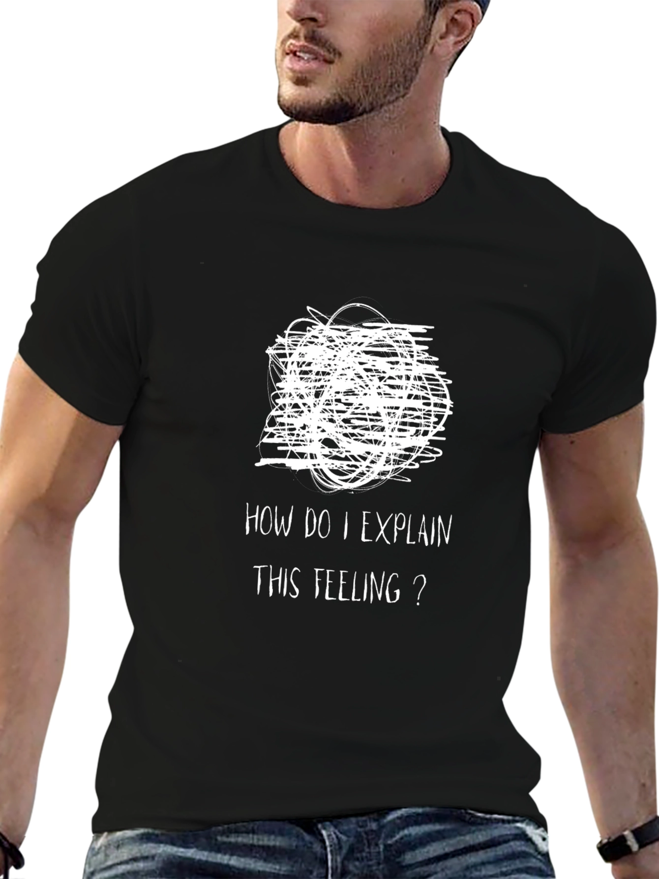 Expressive Mens Black T-Shirt: Confused Feelings Design
