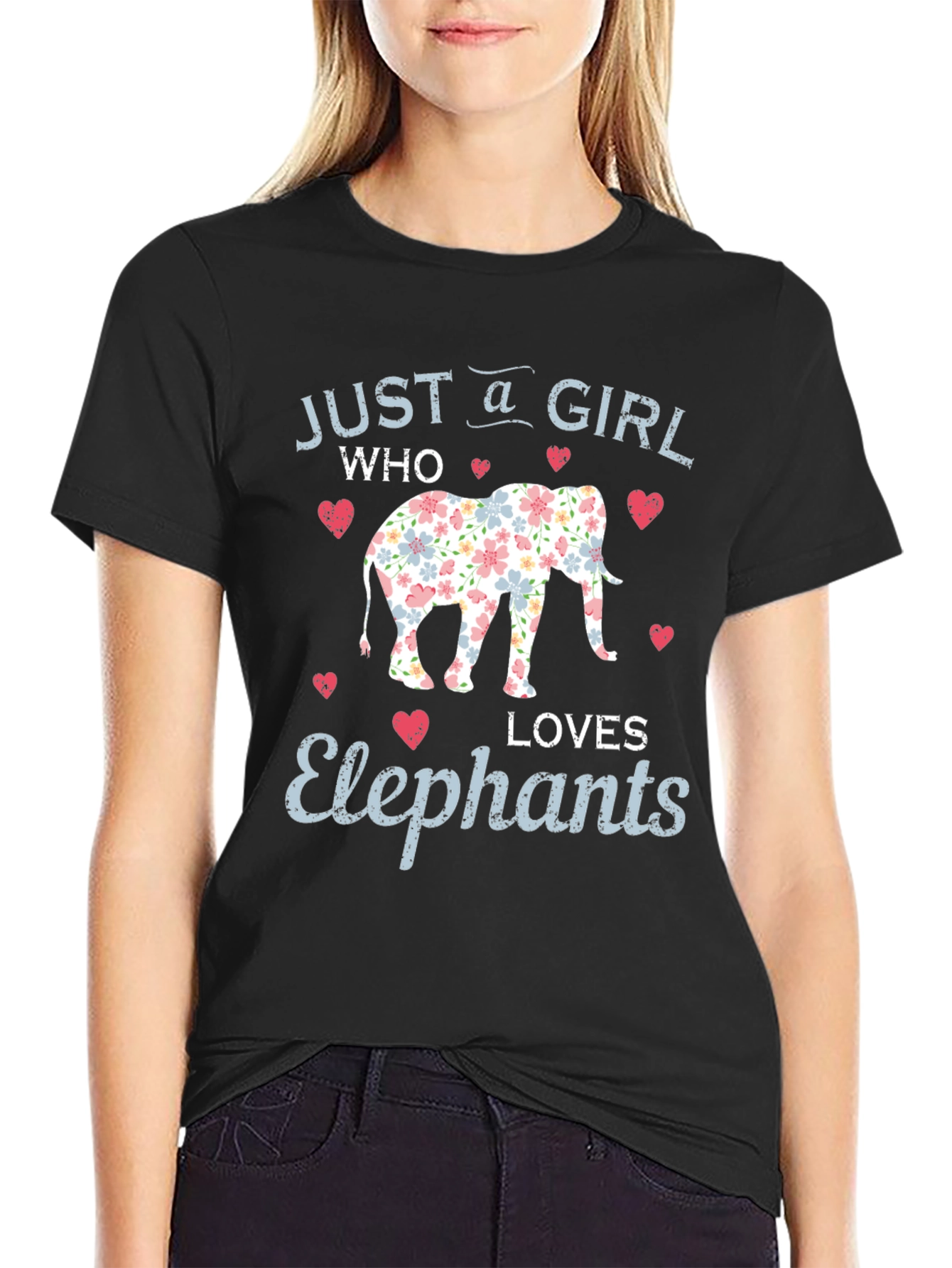Girl Loves Elephants Floral Print Black Tee