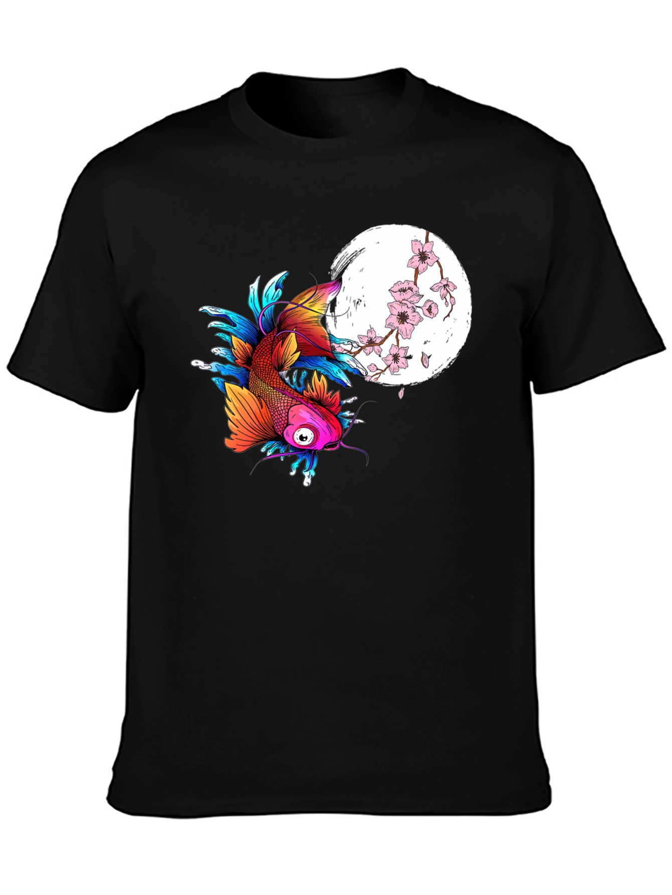 Koi Fish & Cherry Blossom Graphic Tee - Black