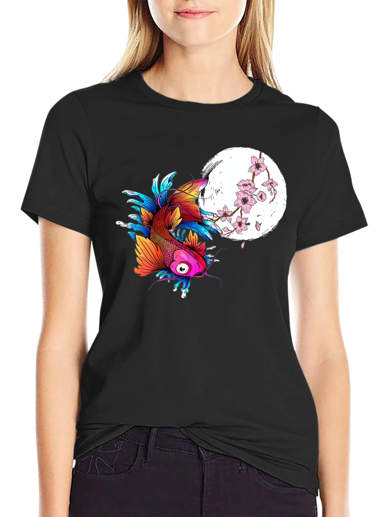 Koi Fish & Cherry Blossom Graphic Tee - Black