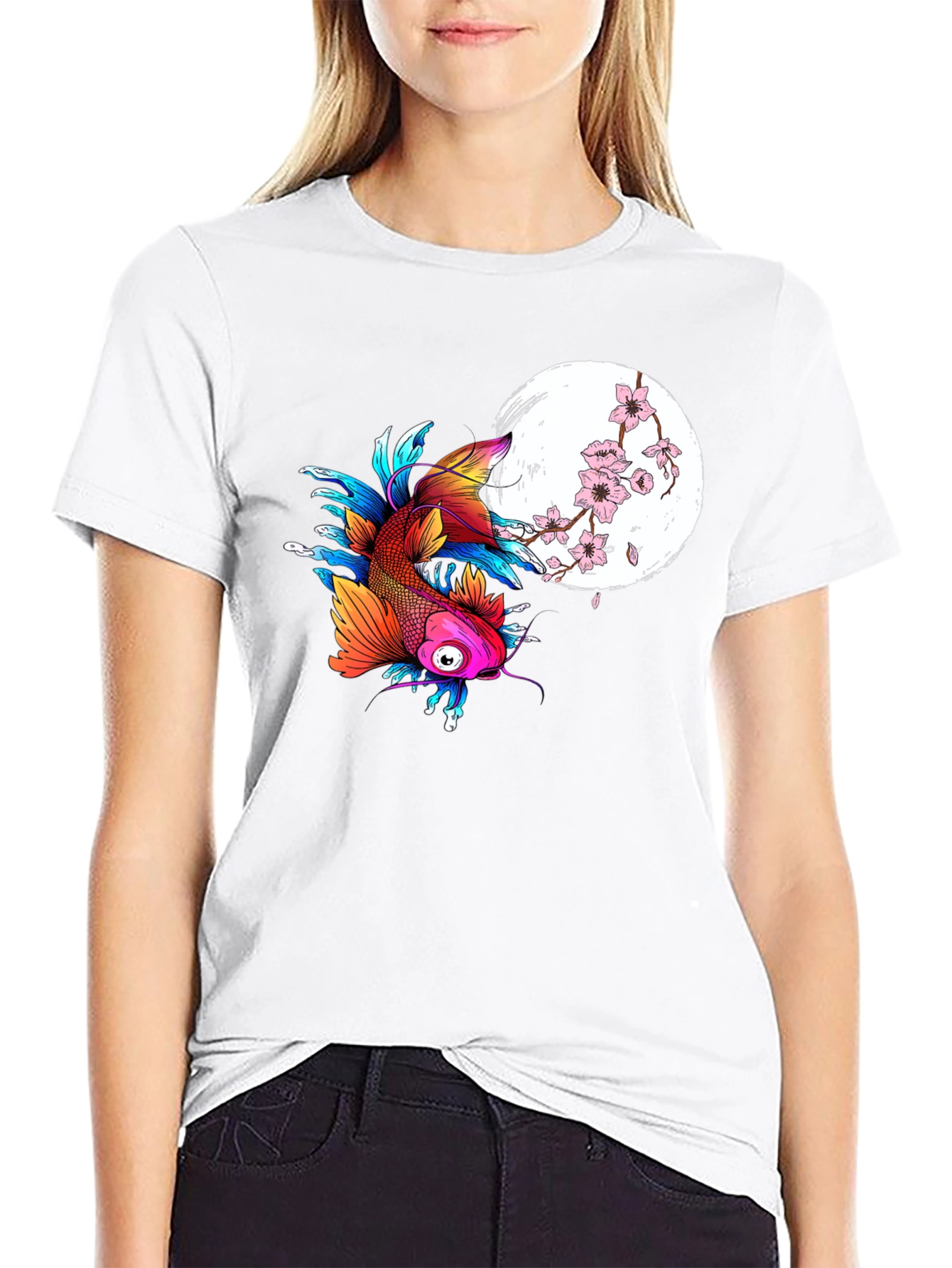 Koi Fish & Cherry Blossom Graphic Tee - Black