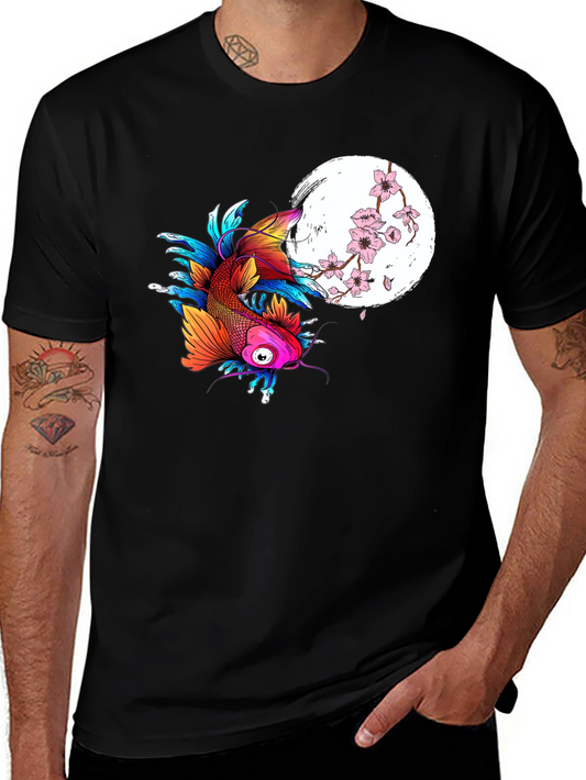 Koi Fish & Cherry Blossom Graphic Tee - Black
